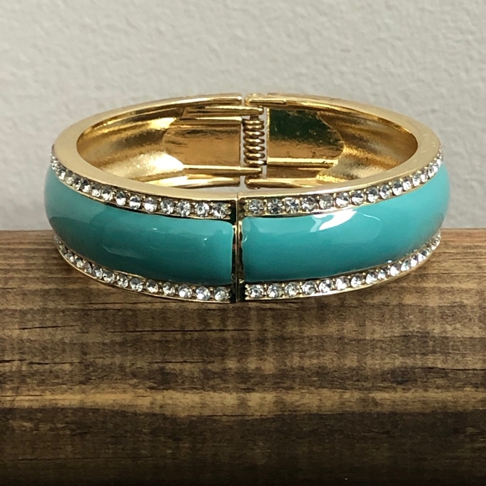 Turquoise Enamel & Rhinestone Hinge Bracelet - Picture 2 of 4